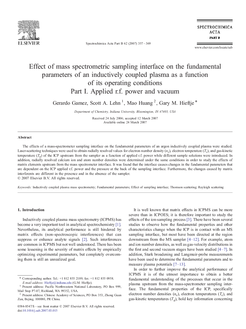 Effect of mass spectrometric sampling interface on the fundamental parameters of an inductively coupled plasma as a function of its operating conditions: Part I. Applied r.f. power and vacuum