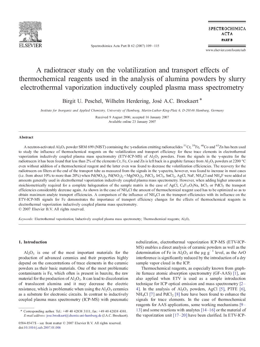 A radiotracer study on the volatilization and transport effects of thermochemical reagents used in the analysis of alumina powders by slurry electrothermal vaporization inductively coupled plasma mass spectrometry