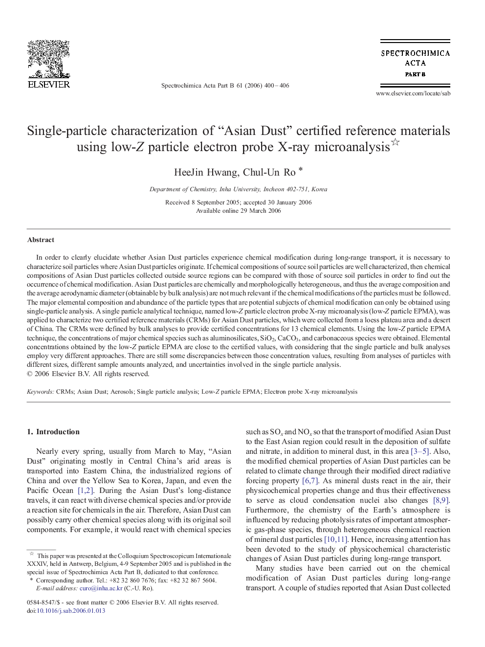 Single-particle characterization of “Asian Dust” certified reference materials using low-Z particle electron probe X-ray microanalysis 