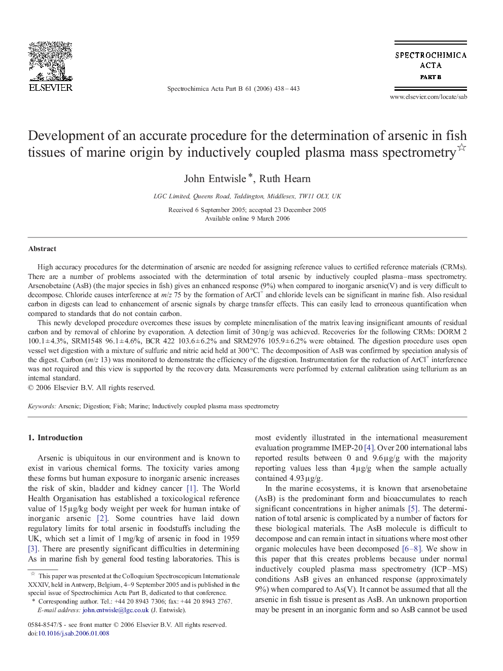 Development of an accurate procedure for the determination of arsenic in fish tissues of marine origin by inductively coupled plasma mass spectrometry 