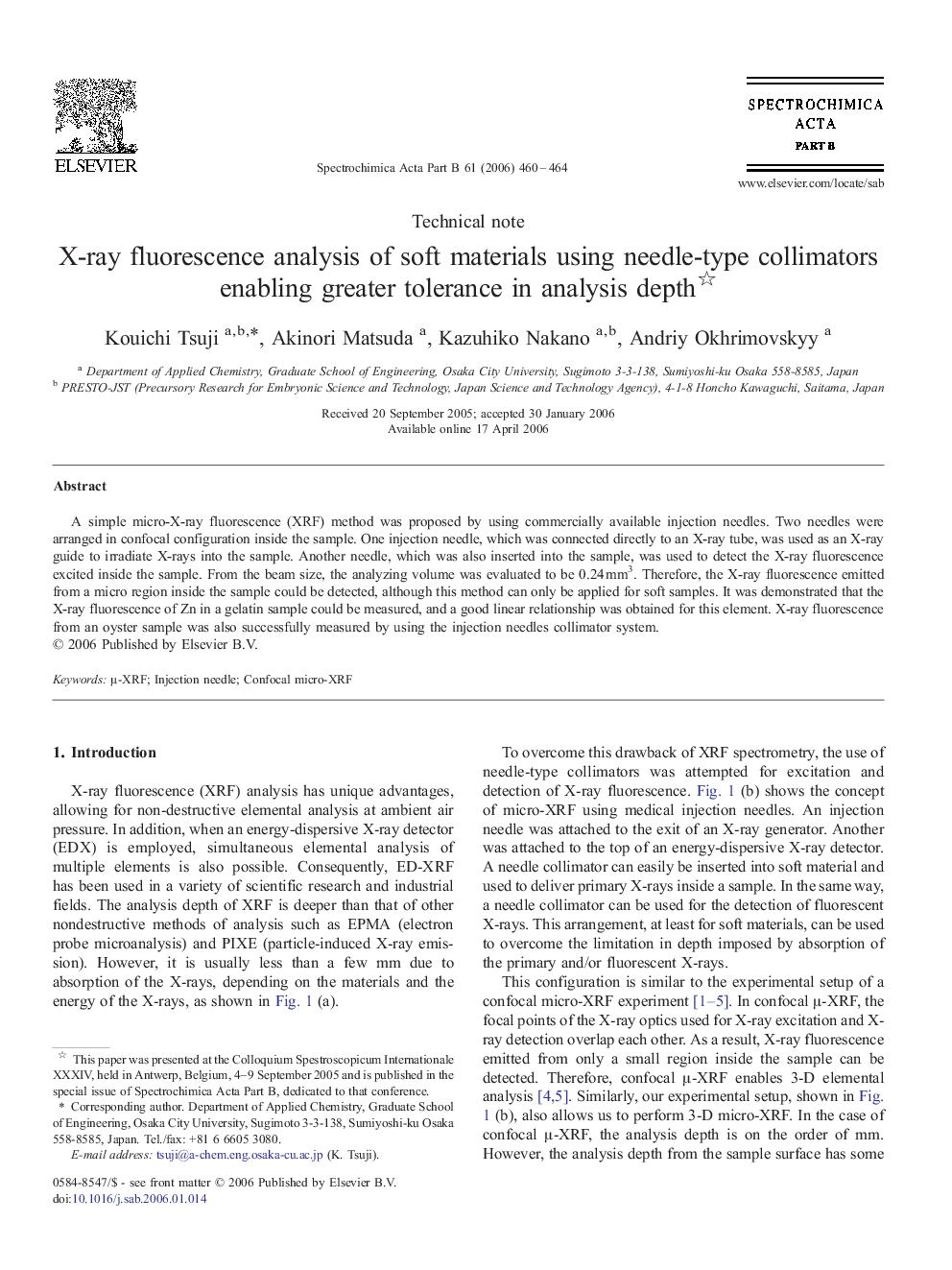 X-ray fluorescence analysis of soft materials using needle-type collimators enabling greater tolerance in analysis depth 