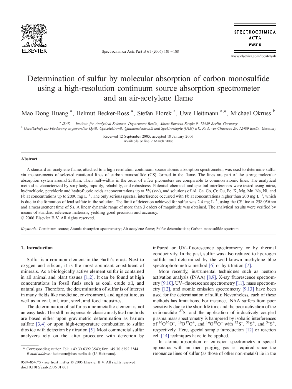 Determination of sulfur by molecular absorption of carbon monosulfide using a high-resolution continuum source absorption spectrometer and an air-acetylene flame