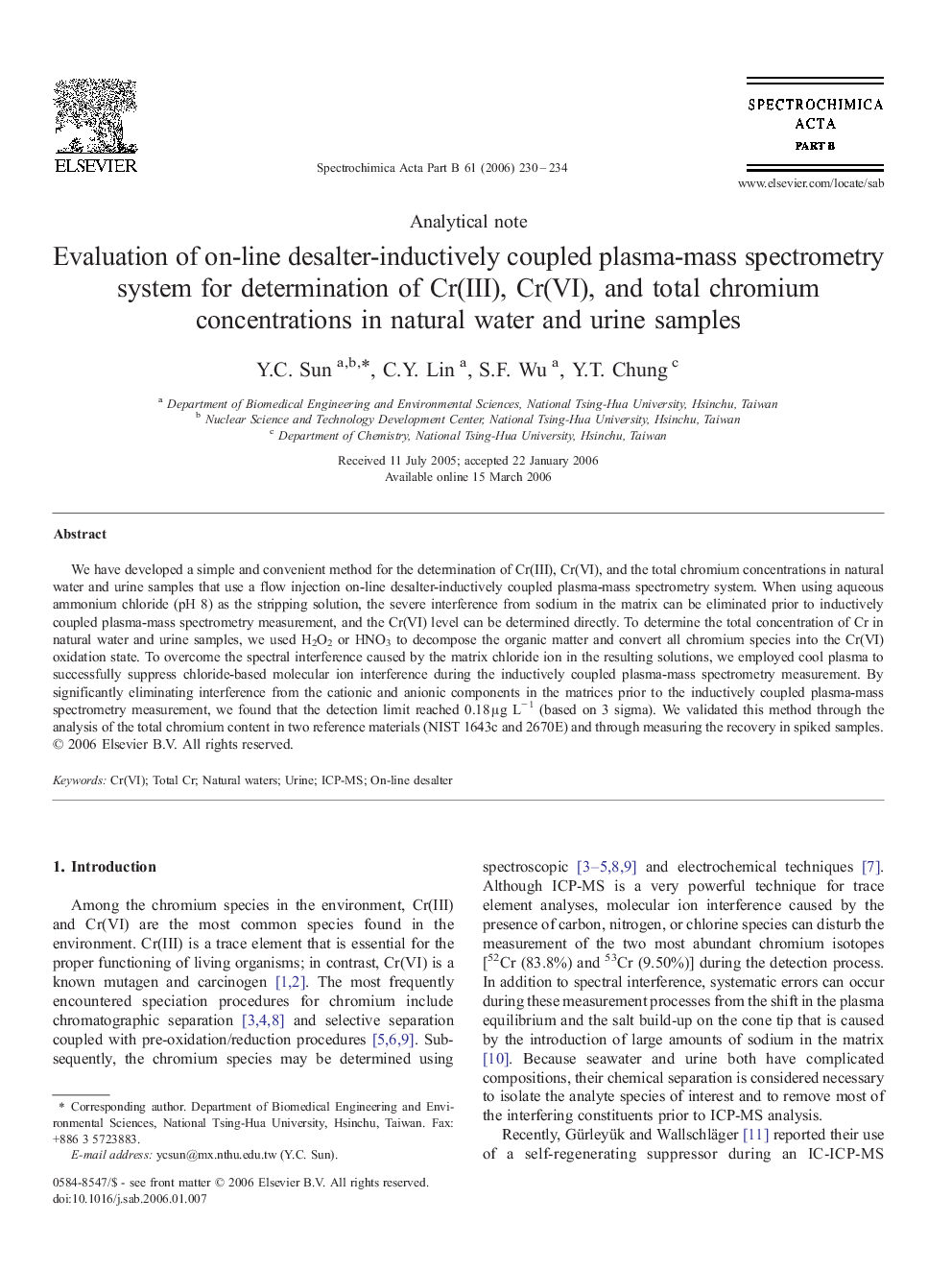 Evaluation of on-line desalter-inductively coupled plasma-mass spectrometry system for determination of Cr(III), Cr(VI), and total chromium concentrations in natural water and urine samples