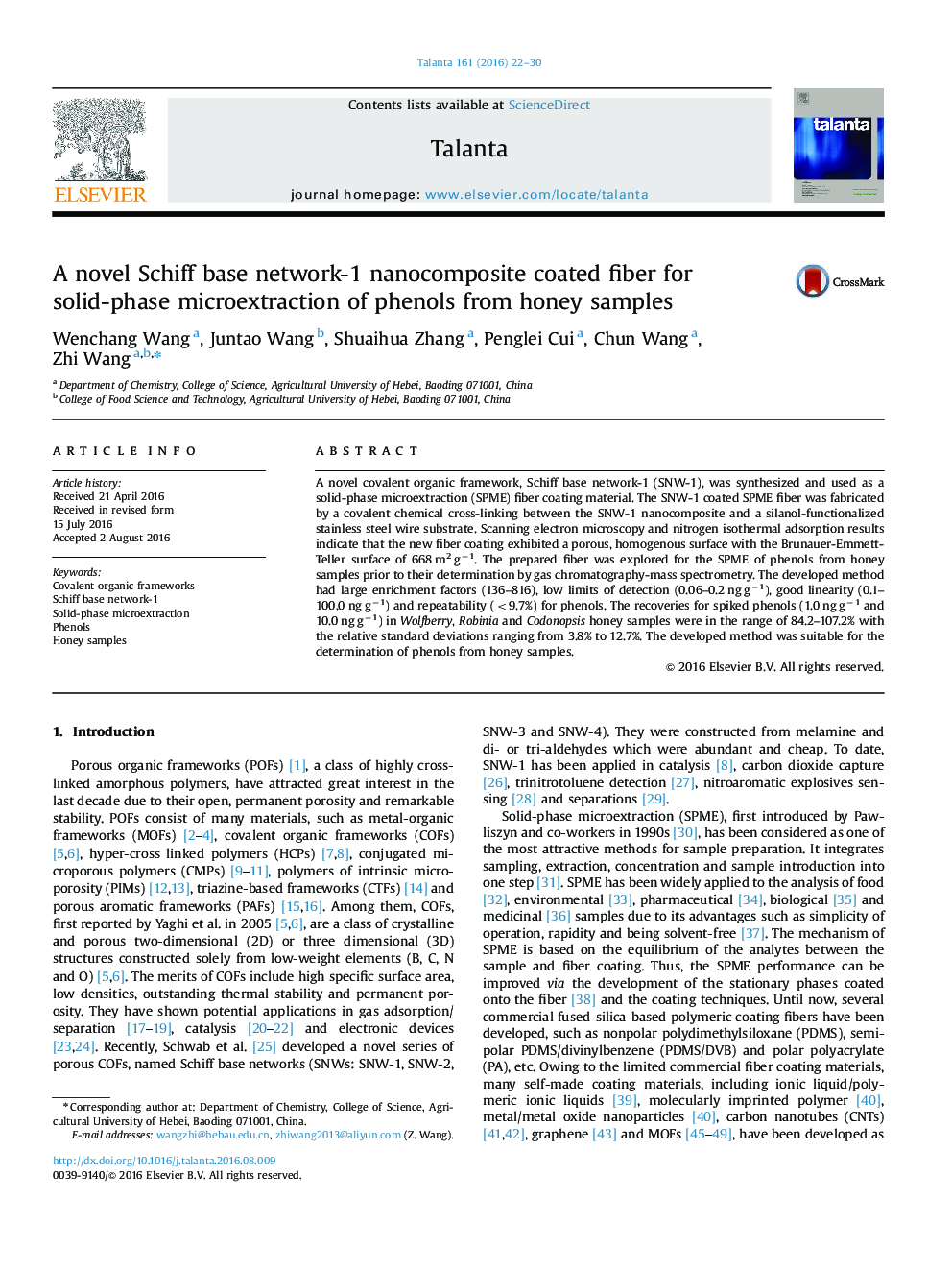 A novel Schiff base network-1 nanocomposite coated fiber for solid-phase microextraction of phenols from honey samples