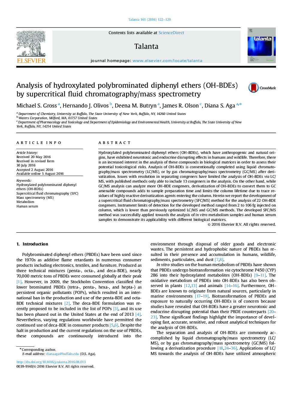 Analysis of hydroxylated polybrominated diphenyl ethers (OH-BDEs) by supercritical fluid chromatography/mass spectrometry