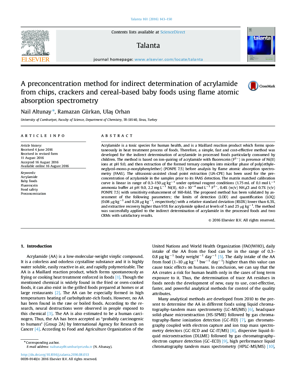 A preconcentration method for indirect determination of acrylamide from chips, crackers and cereal-based baby foods using flame atomic absorption spectrometry