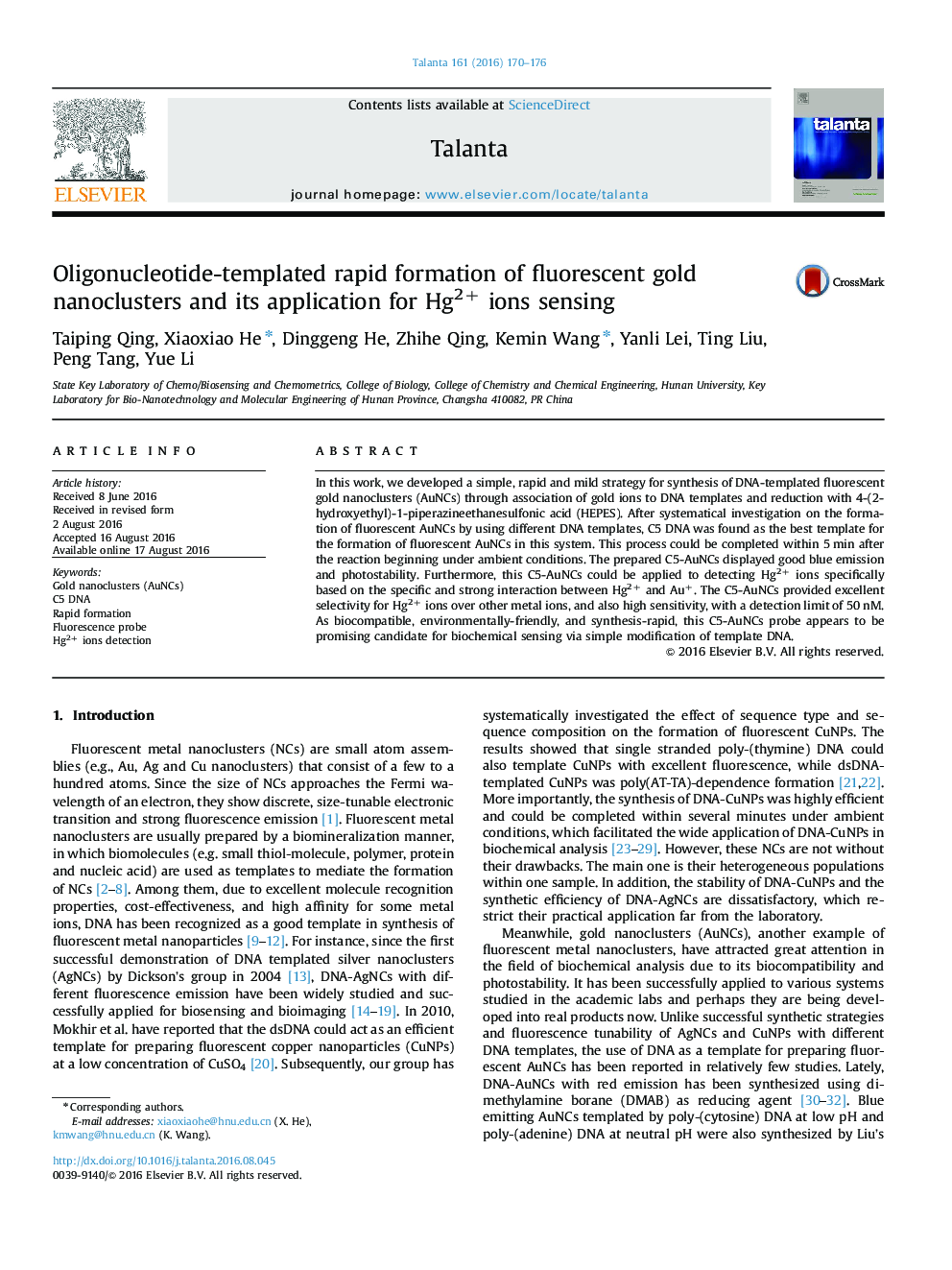 Oligonucleotide-templated rapid formation of fluorescent gold nanoclusters and its application for Hg2+ ions sensing