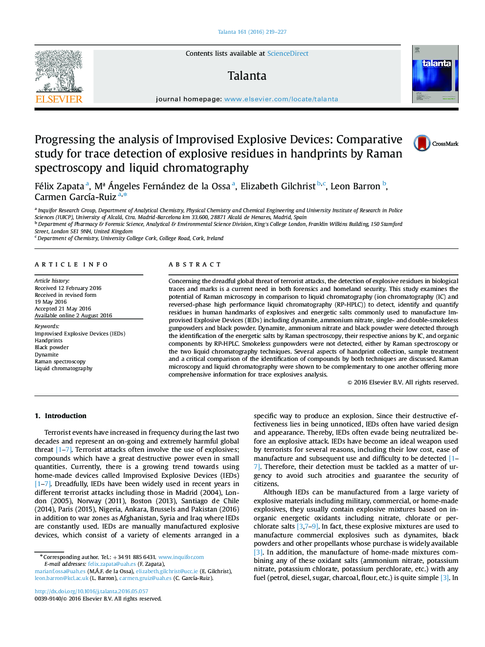 Progressing the analysis of Improvised Explosive Devices: Comparative study for trace detection of explosive residues in handprints by Raman spectroscopy and liquid chromatography