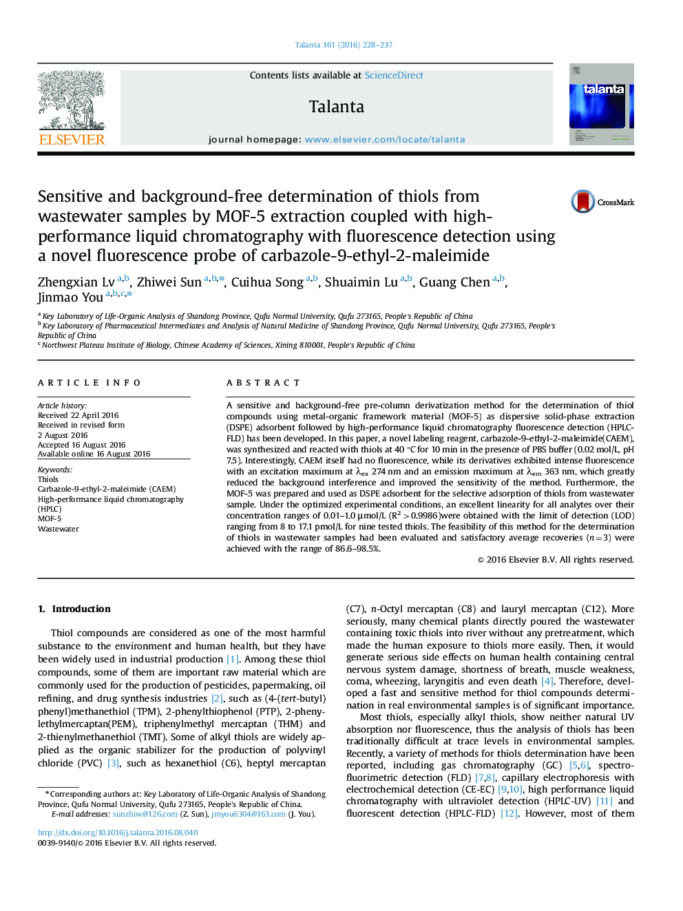 Sensitive and background-free determination of thiols from wastewater samples by MOF-5 extraction coupled with high-performance liquid chromatography with fluorescence detection using a novel fluorescence probe of carbazole-9-ethyl-2-maleimide