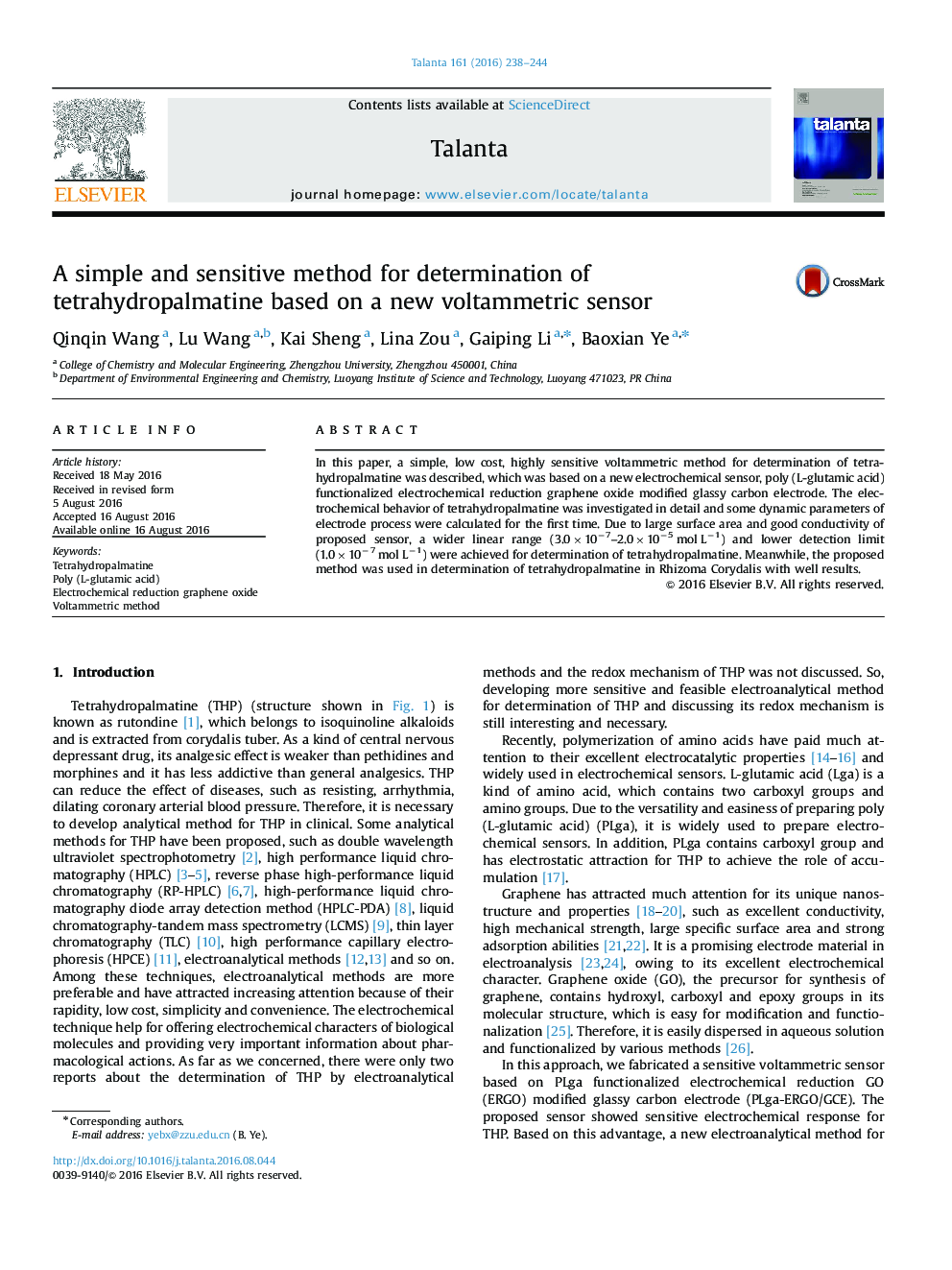 A simple and sensitive method for determination of tetrahydropalmatine based on a new voltammetric sensor