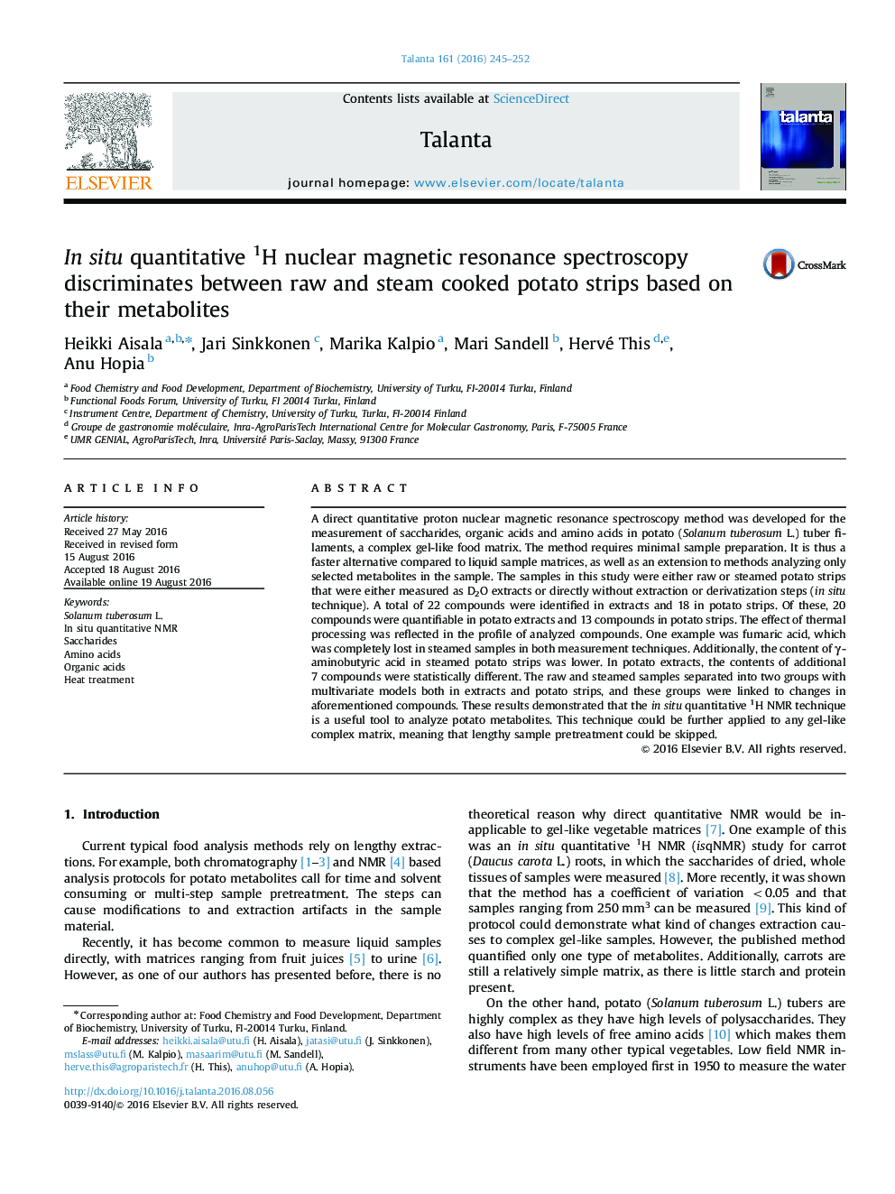 In situ quantitative 1H nuclear magnetic resonance spectroscopy discriminates between raw and steam cooked potato strips based on their metabolites