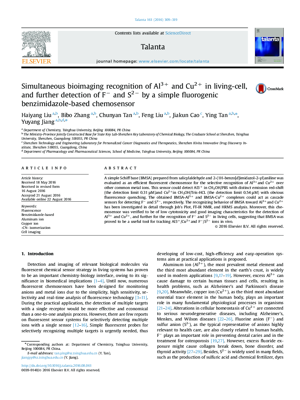 Simultaneous bioimaging recognition of Al3+ and Cu2+ in living-cell, and further detection of F− and S2− by a simple fluorogenic benzimidazole-based chemosensor