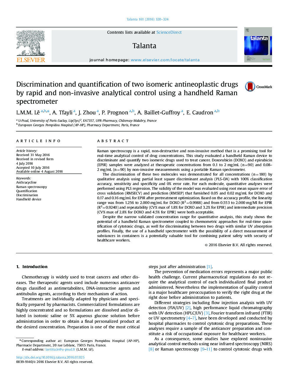 Discrimination and quantification of two isomeric antineoplastic drugs by rapid and non-invasive analytical control using a handheld Raman spectrometer