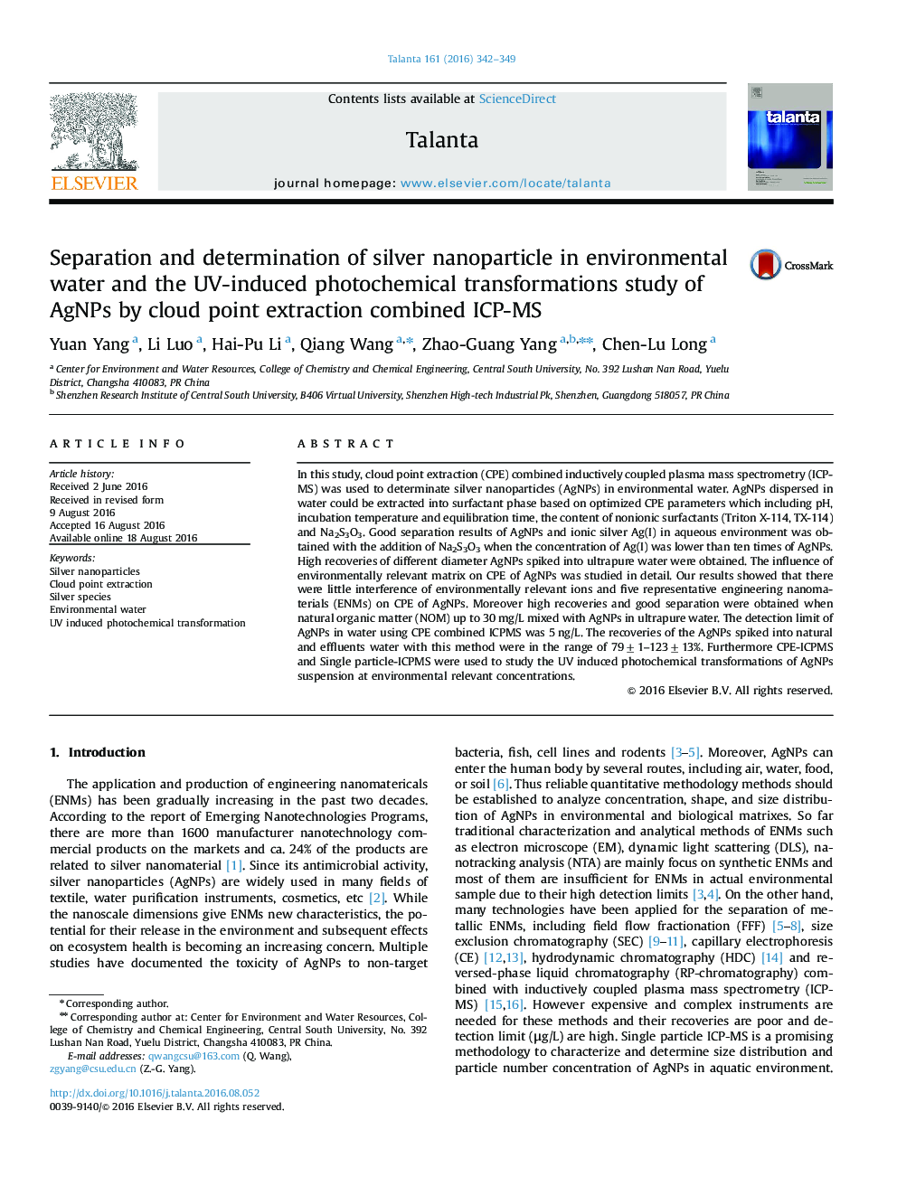 Separation and determination of silver nanoparticle in environmental water and the UV-induced photochemical transformations study of AgNPs by cloud point extraction combined ICP-MS