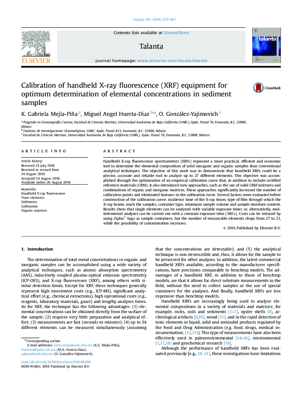 Calibration of handheld X-ray fluorescence (XRF) equipment for optimum determination of elemental concentrations in sediment samples
