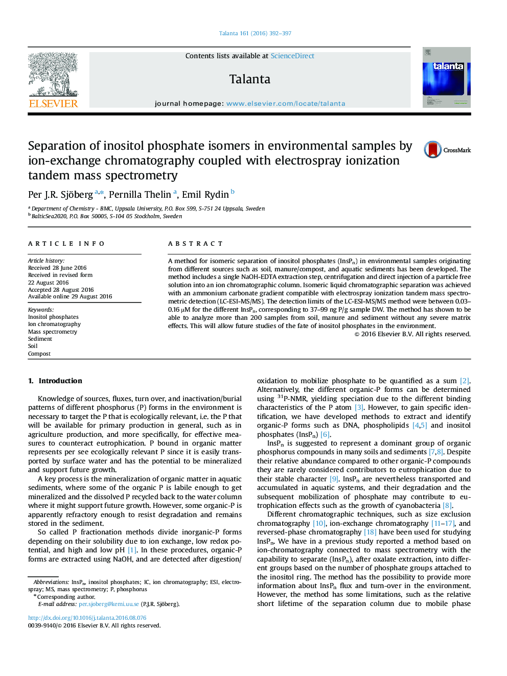 Separation of inositol phosphate isomers in environmental samples by ion-exchange chromatography coupled with electrospray ionization tandem mass spectrometry