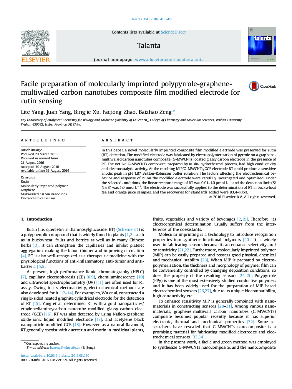 Facile preparation of molecularly imprinted polypyrrole-graphene-multiwalled carbon nanotubes composite film modified electrode for rutin sensing