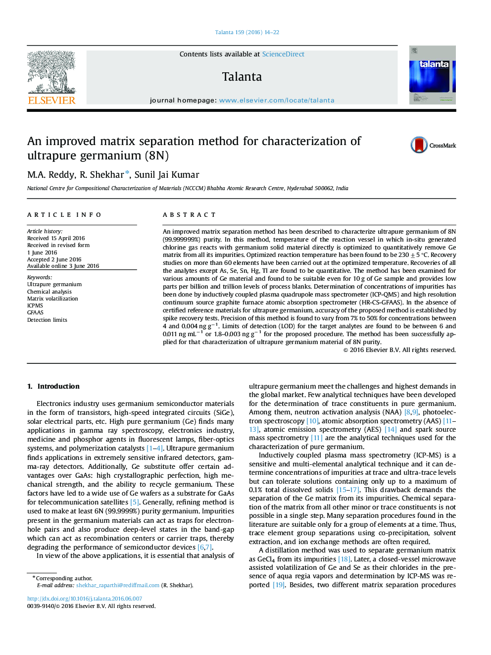 An improved matrix separation method for characterization of ultrapure germanium (8N)