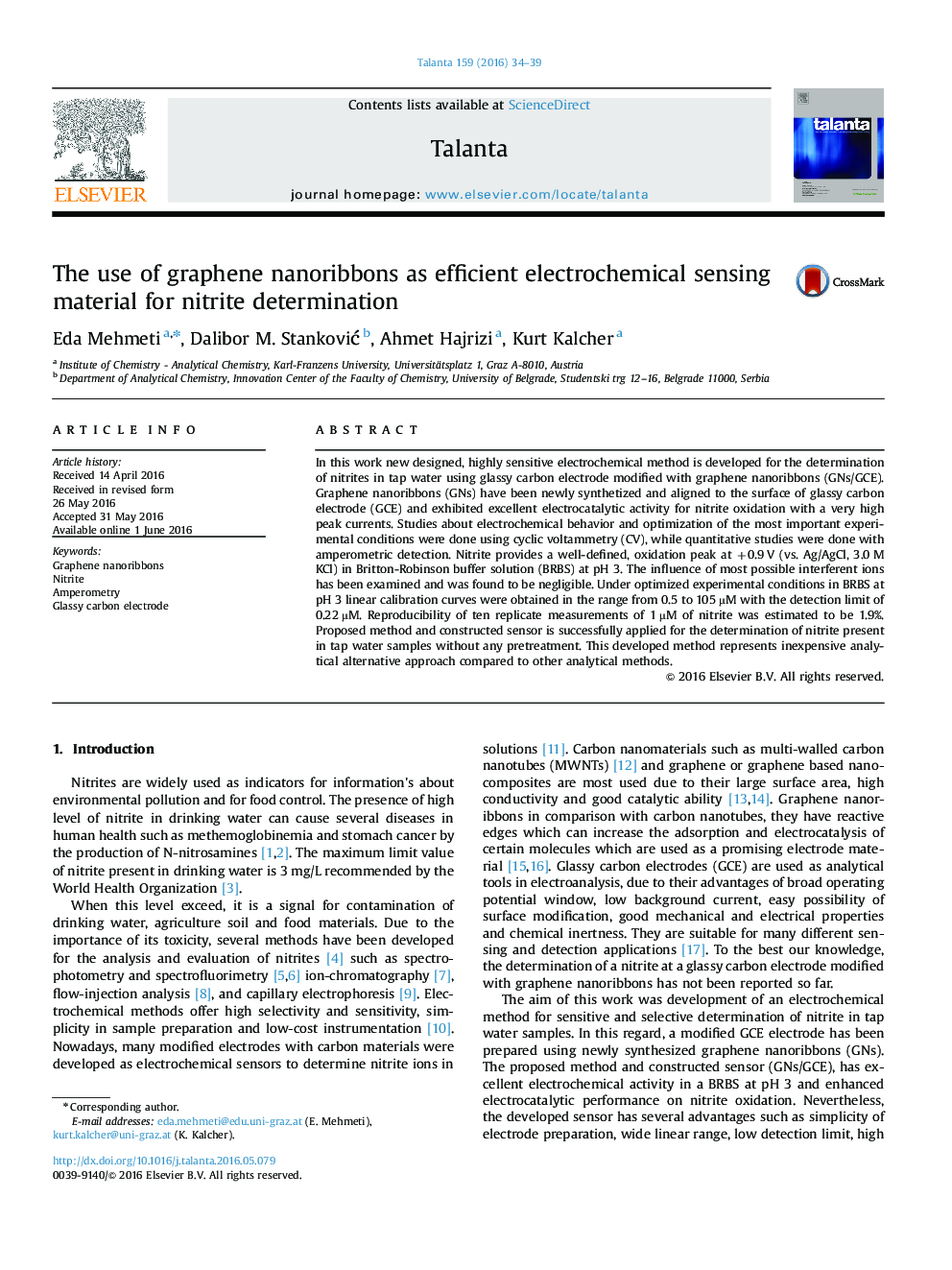 The use of graphene nanoribbons as efficient electrochemical sensing material for nitrite determination