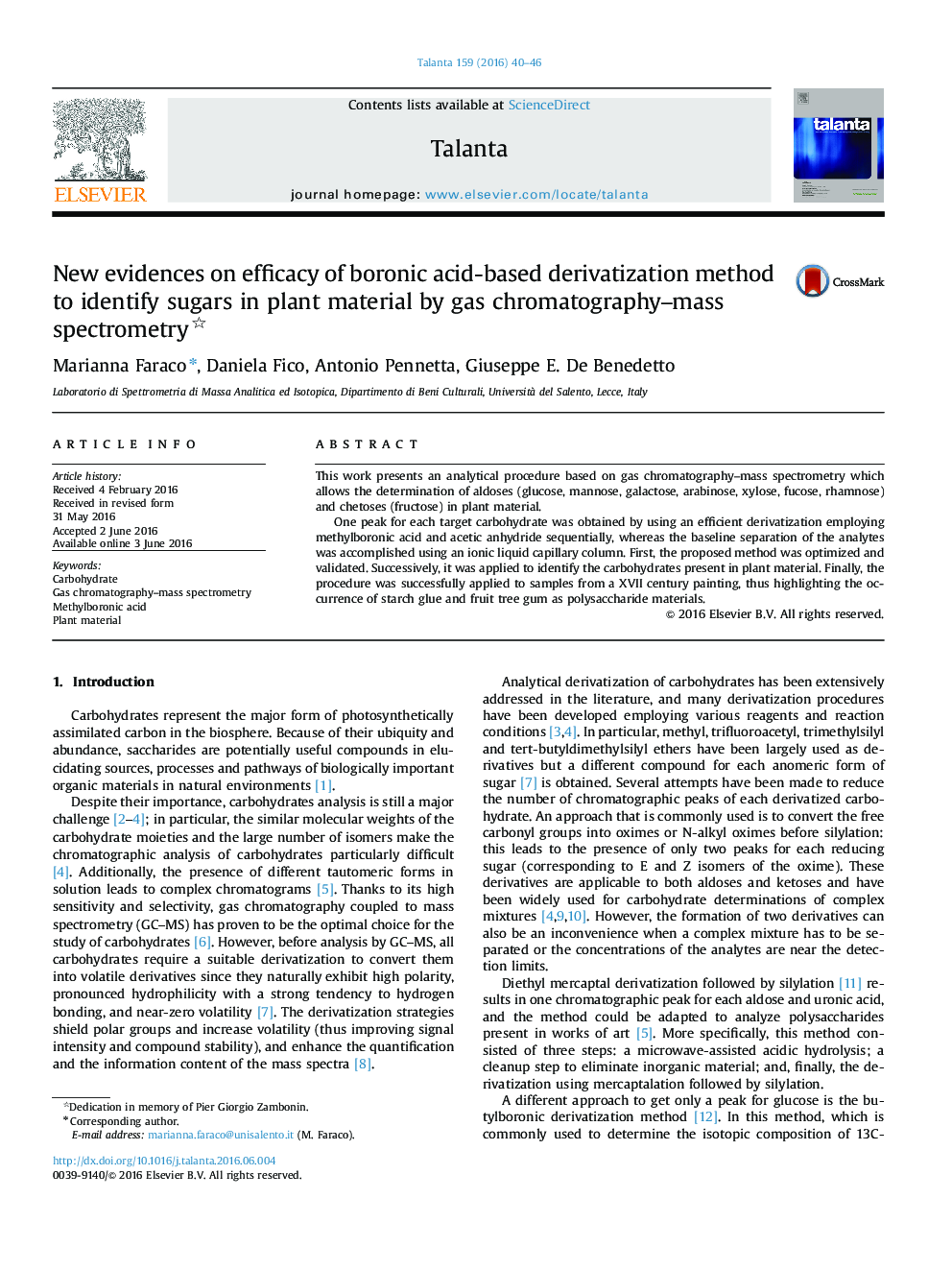 New evidences on efficacy of boronic acid-based derivatization method to identify sugars in plant material by gas chromatography–mass spectrometry 