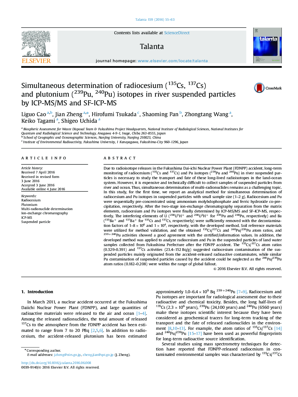 Simultaneous determination of radiocesium (135Cs, 137Cs) and plutonium (239Pu, 240Pu) isotopes in river suspended particles by ICP-MS/MS and SF-ICP-MS