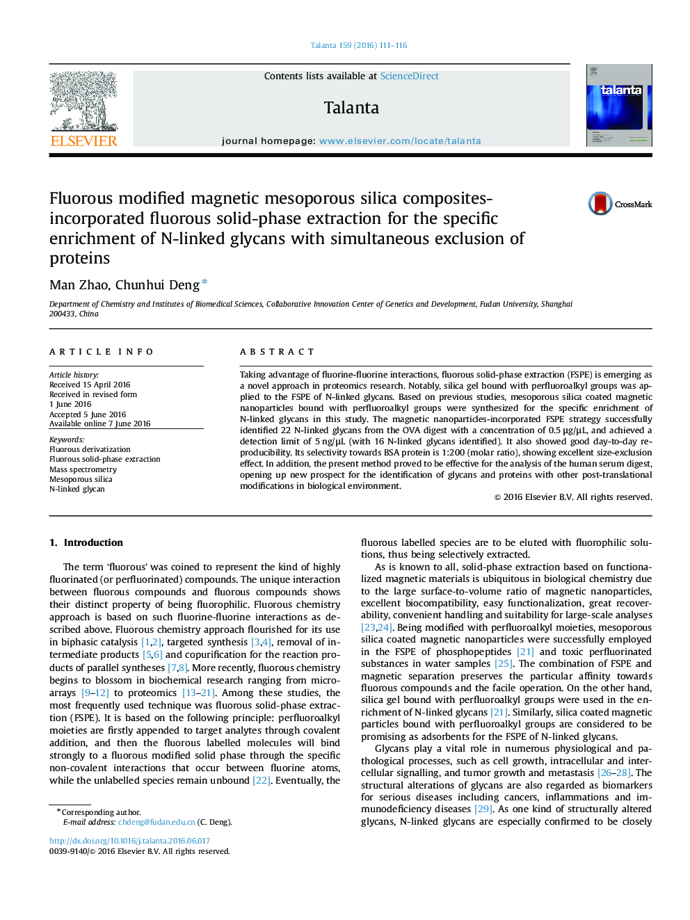 Fluorous modified magnetic mesoporous silica composites-incorporated fluorous solid-phase extraction for the specific enrichment of N-linked glycans with simultaneous exclusion of proteins