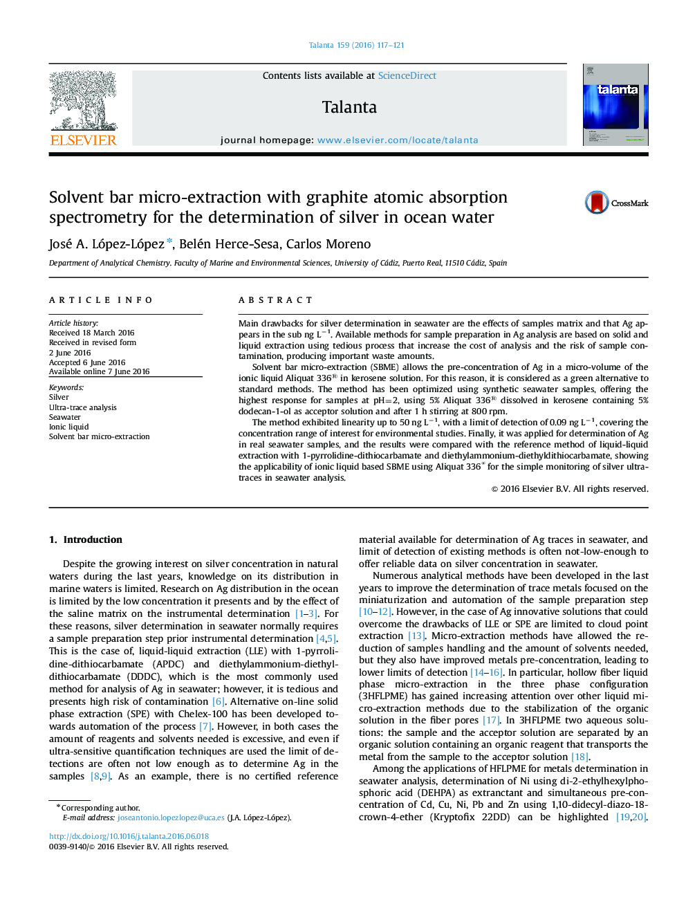 Solvent bar micro-extraction with graphite atomic absorption spectrometry for the determination of silver in ocean water