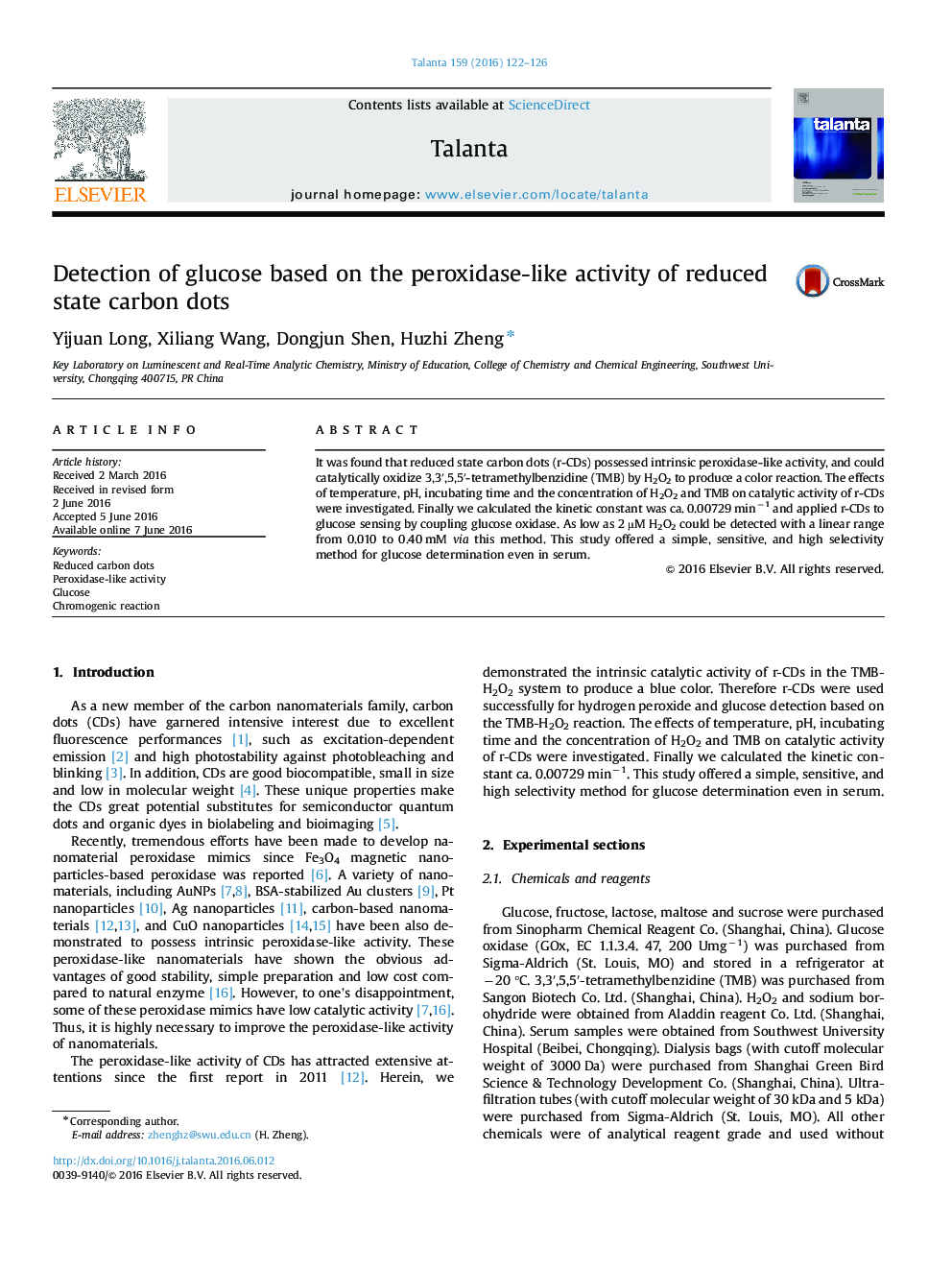 Detection of glucose based on the peroxidase-like activity of reduced state carbon dots