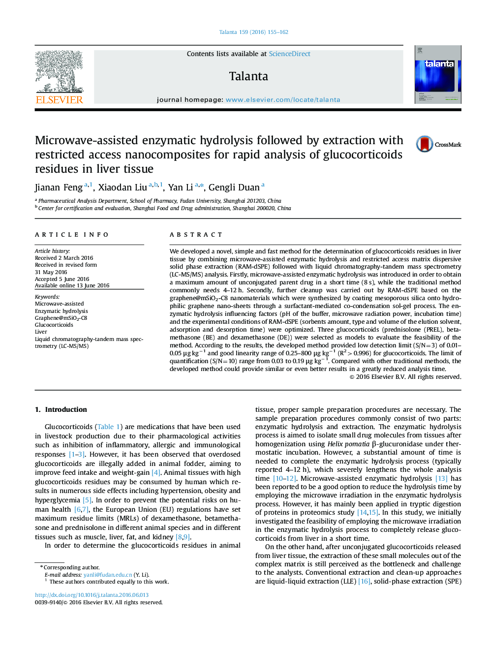 Microwave-assisted enzymatic hydrolysis followed by extraction with restricted access nanocomposites for rapid analysis of glucocorticoids residues in liver tissue