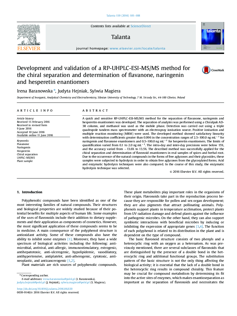 Development and validation of a RP-UHPLC-ESI-MS/MS method for the chiral separation and determination of flavanone, naringenin and hesperetin enantiomers