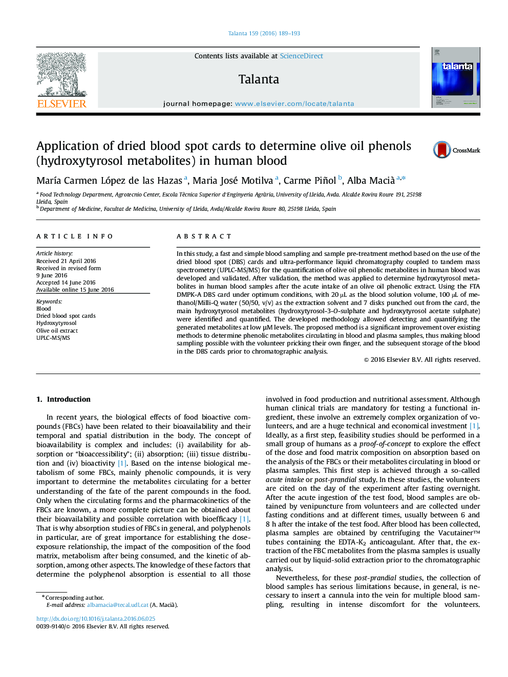 Application of dried blood spot cards to determine olive oil phenols (hydroxytyrosol metabolites) in human blood