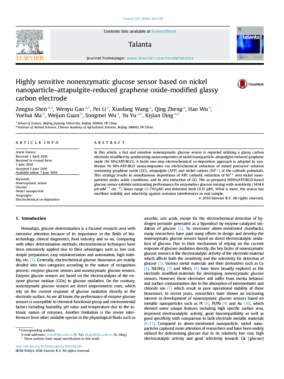 Highly sensitive nonenzymatic glucose sensor based on nickel nanoparticle–attapulgite-reduced graphene oxide-modified glassy carbon electrode