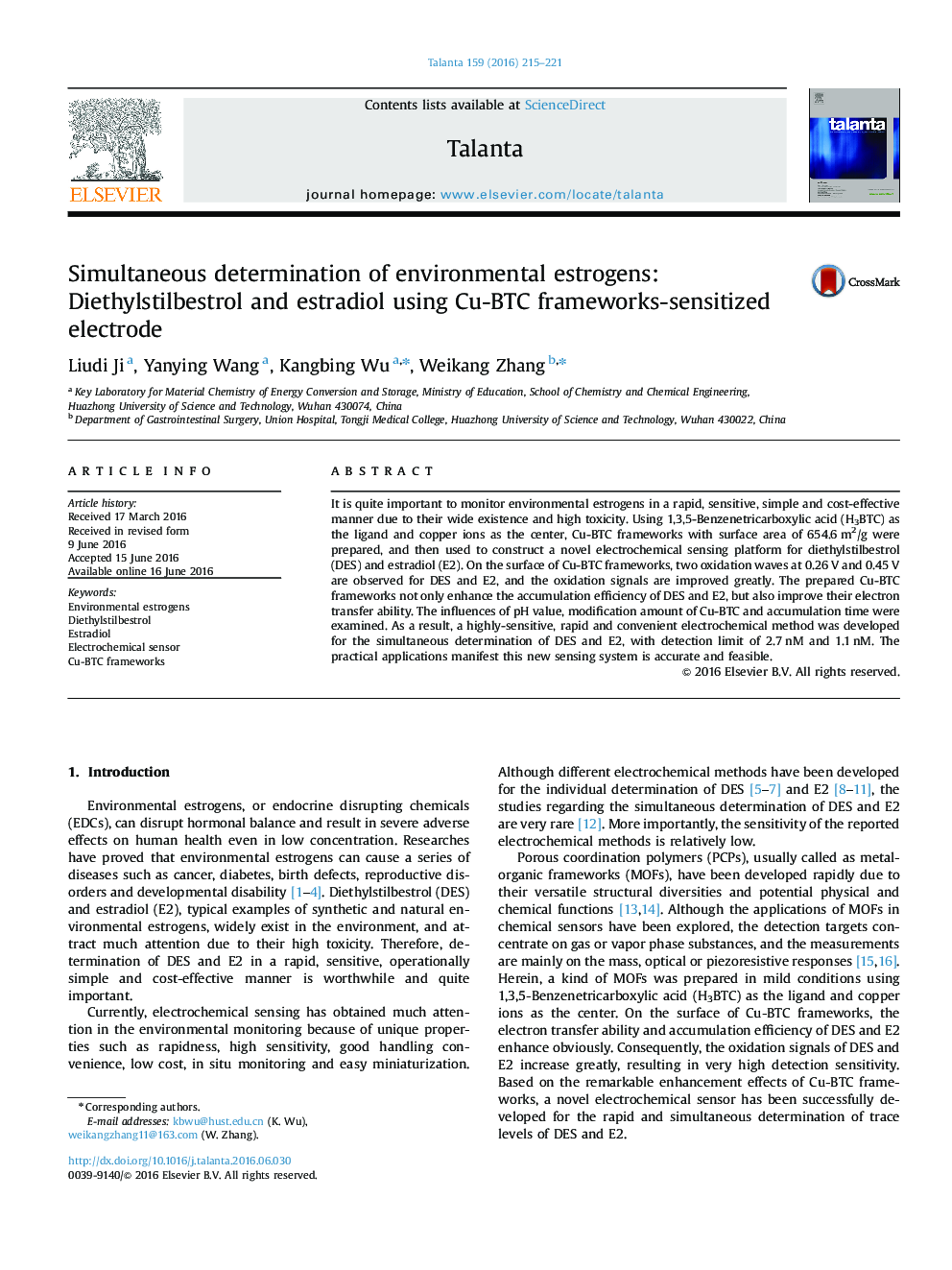 Simultaneous determination of environmental estrogens: Diethylstilbestrol and estradiol using Cu-BTC frameworks-sensitized electrode