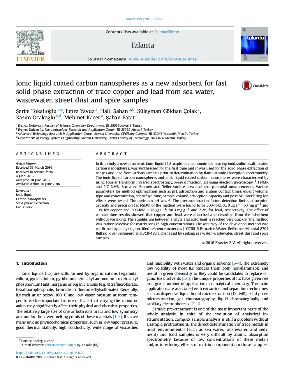 Ionic liquid coated carbon nanospheres as a new adsorbent for fast solid phase extraction of trace copper and lead from sea water, wastewater, street dust and spice samples