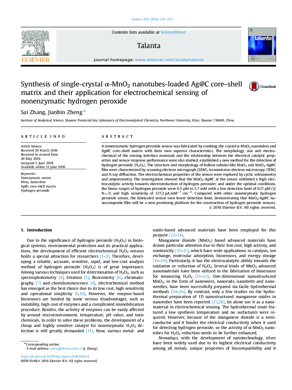 Synthesis of single-crystal α-MnO2 nanotubes-loaded Ag@C core–shell matrix and their application for electrochemical sensing of nonenzymatic hydrogen peroxide