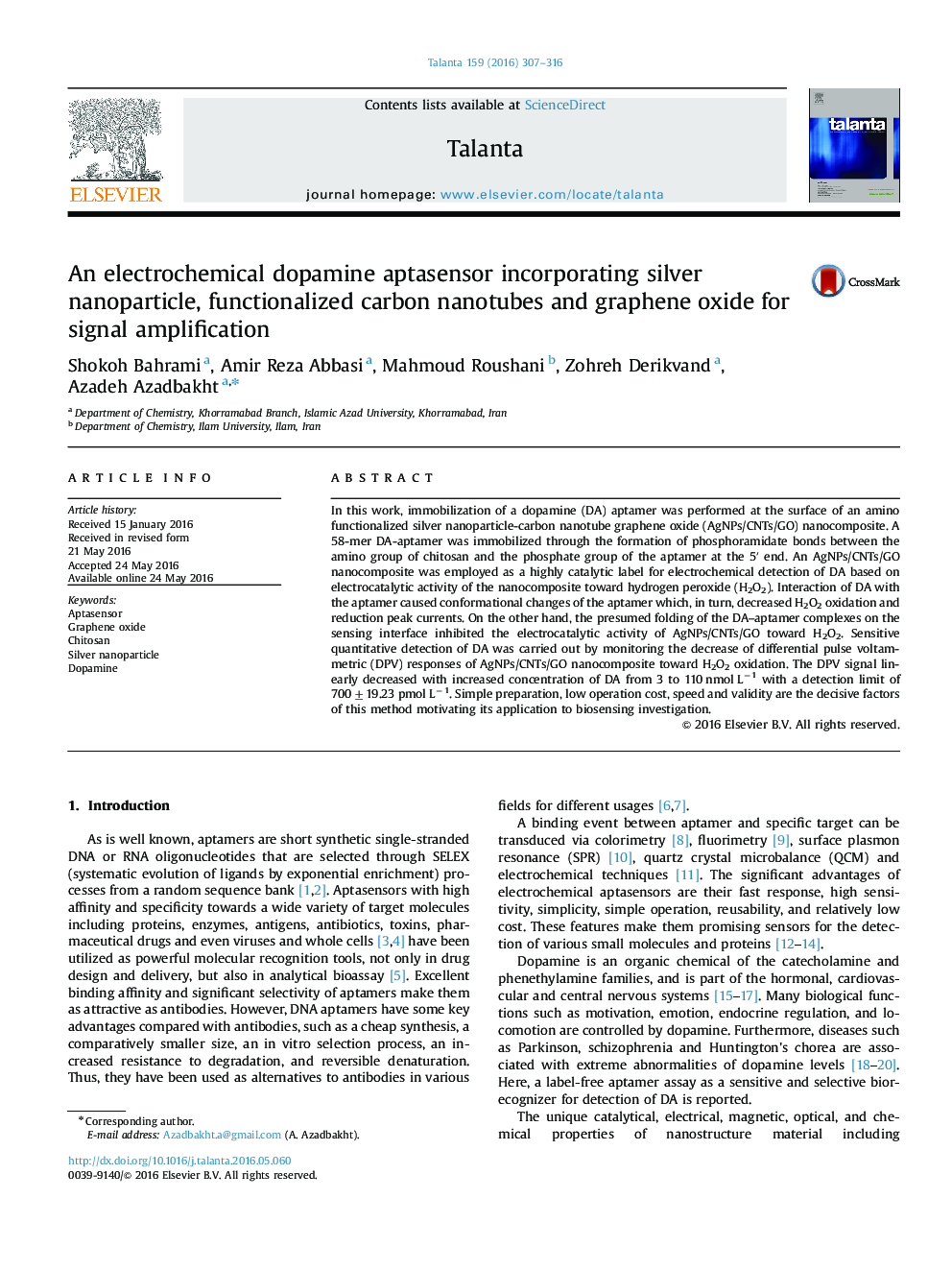 An electrochemical dopamine aptasensor incorporating silver nanoparticle, functionalized carbon nanotubes and graphene oxide for signal amplification