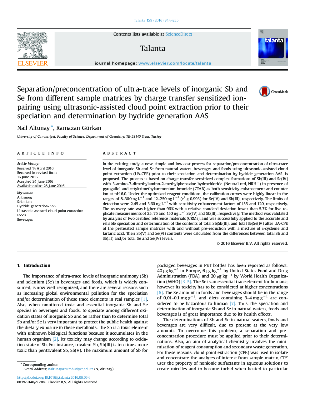 Separation/preconcentration of ultra-trace levels of inorganic Sb and Se from different sample matrices by charge transfer sensitized ion-pairing using ultrasonic-assisted cloud point extraction prior to their speciation and determination by hydride gener