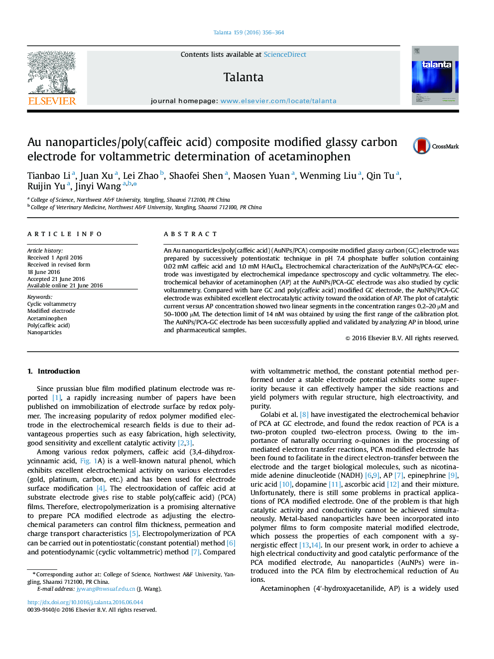 Au nanoparticles/poly(caffeic acid) composite modified glassy carbon electrode for voltammetric determination of acetaminophen