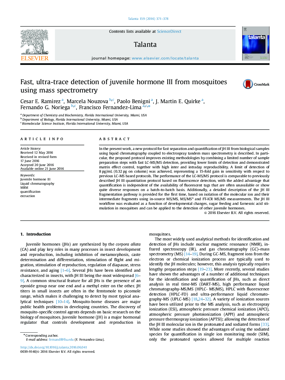 Fast, ultra-trace detection of juvenile hormone III from mosquitoes using mass spectrometry