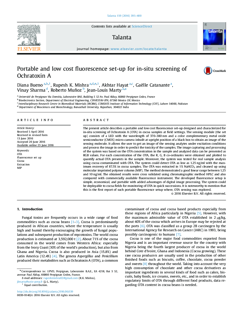 Portable and low cost fluorescence set-up for in-situ screening of Ochratoxin A