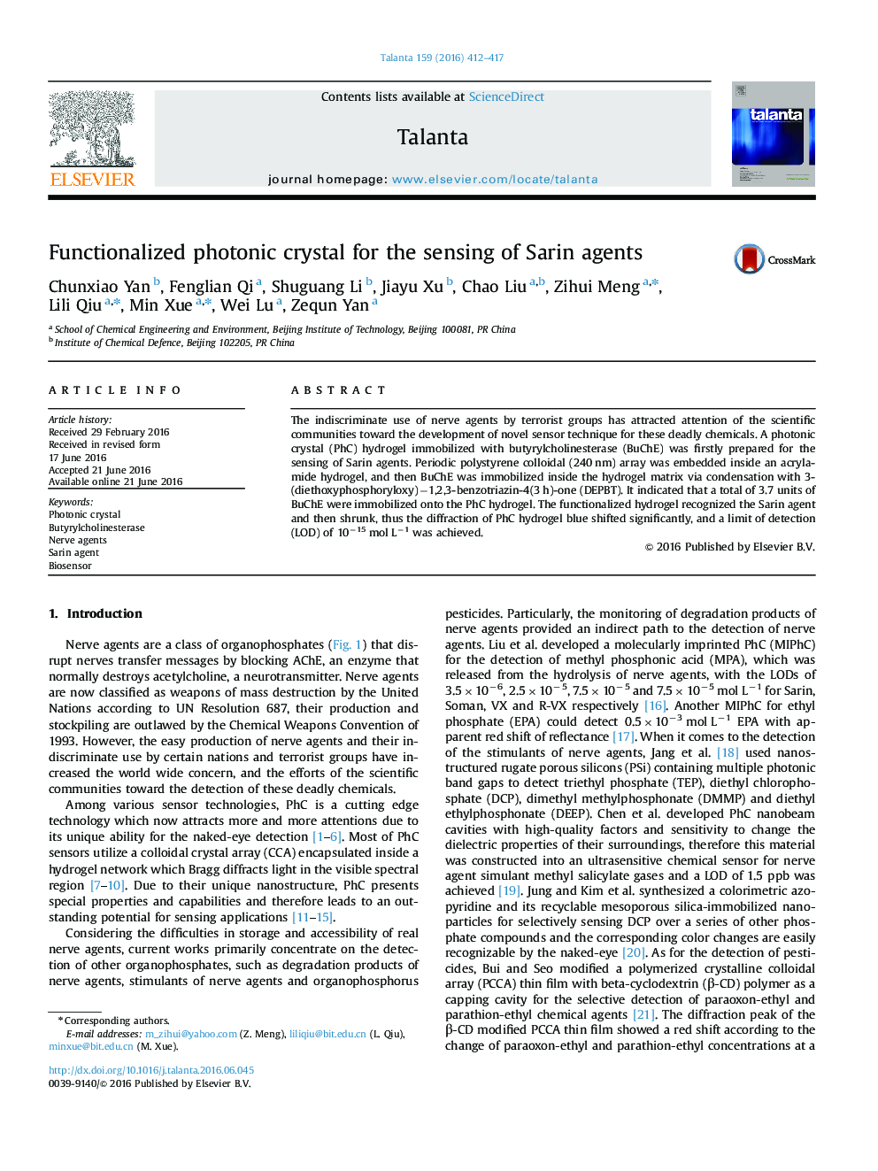 Functionalized photonic crystal for the sensing of Sarin agents