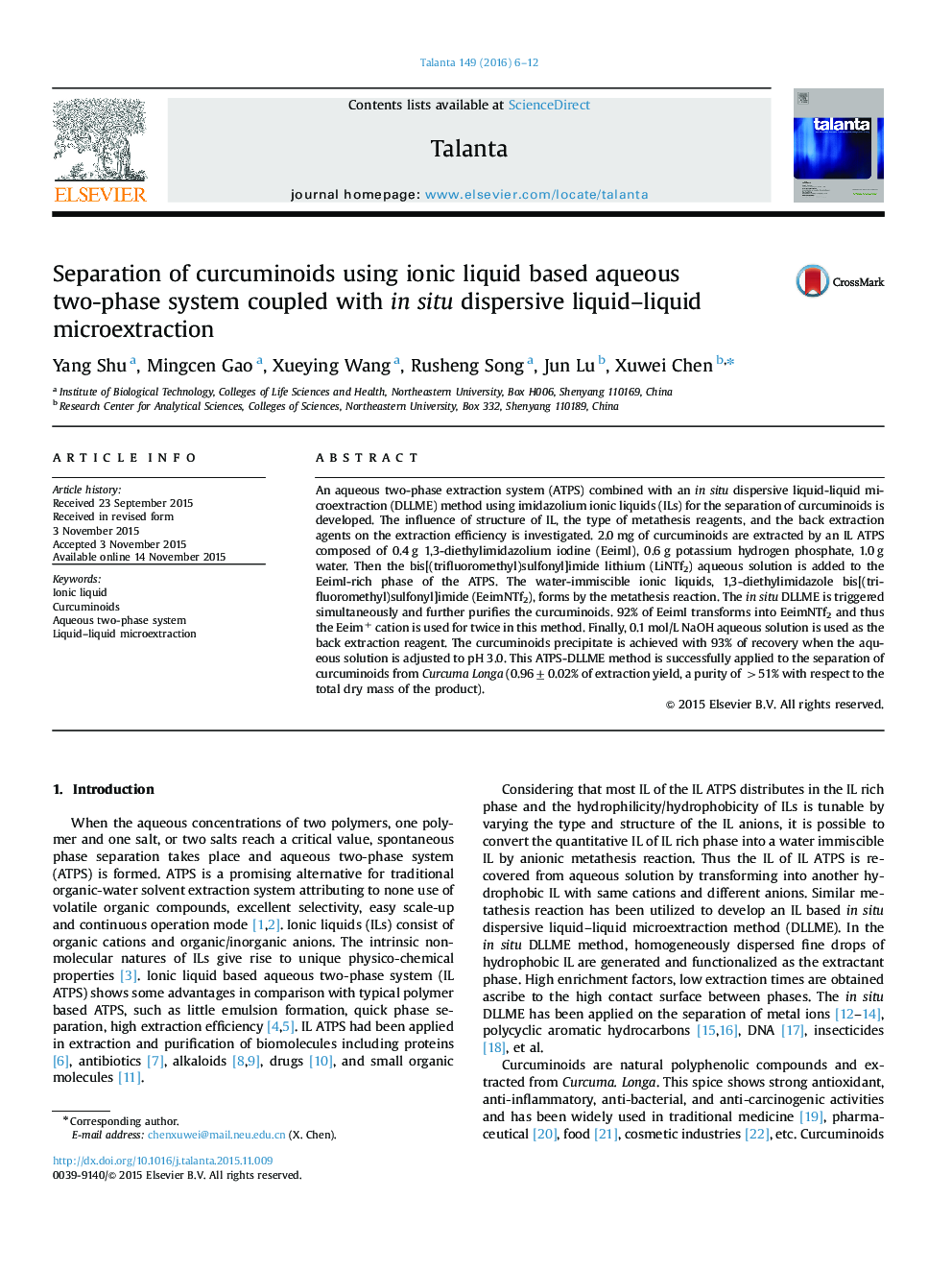 Separation of curcuminoids using ionic liquid based aqueous two-phase system coupled with in situ dispersive liquid–liquid microextraction