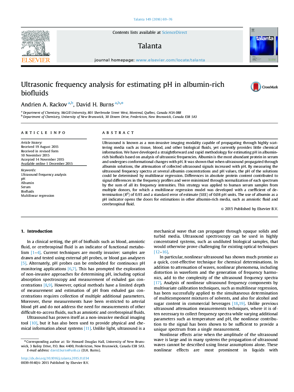 Ultrasonic frequency analysis for estimating pH in albumin-rich biofluids