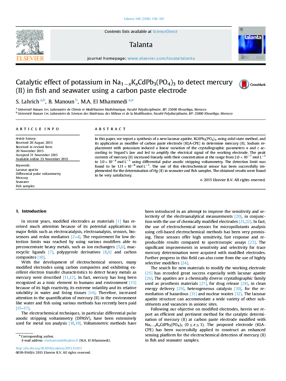 Catalytic effect of potassium in Na1−xKxCdPb3(PO4)3 to detect mercury (II) in fish and seawater using a carbon paste electrode