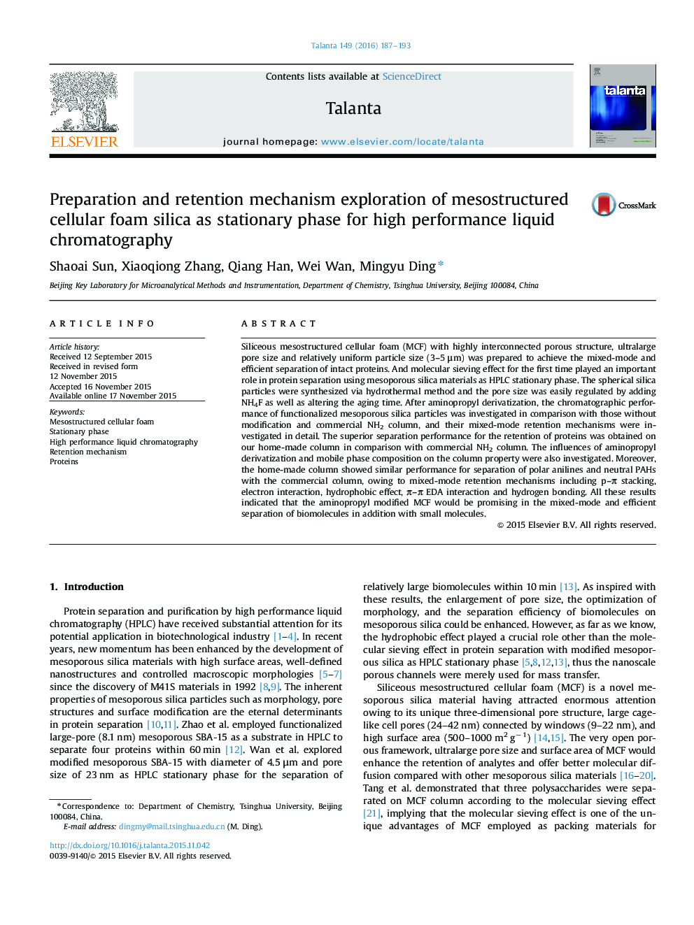 Preparation and retention mechanism exploration of mesostructured cellular foam silica as stationary phase for high performance liquid chromatography