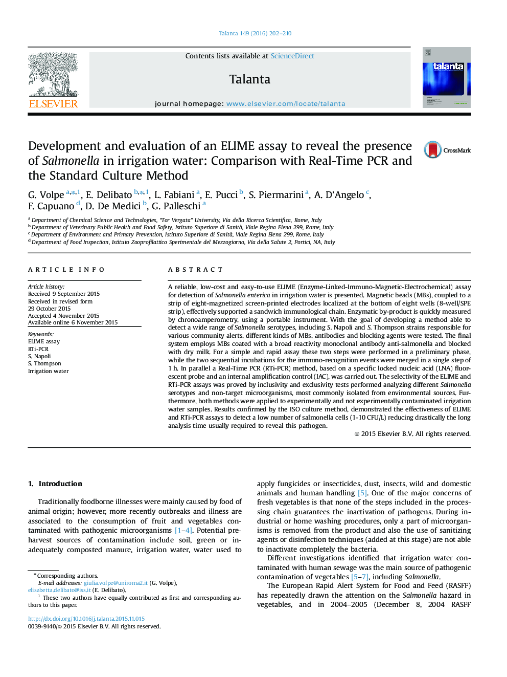 Development and evaluation of an ELIME assay to reveal the presence of Salmonella in irrigation water: Comparison with Real-Time PCR and the Standard Culture Method