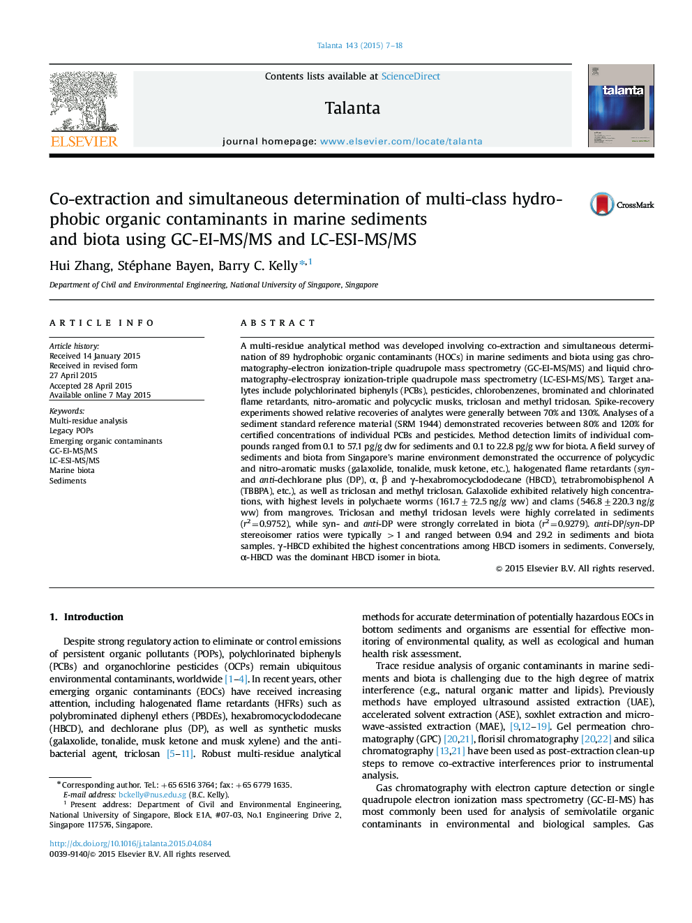 Co-extraction and simultaneous determination of multi-class hydrophobic organic contaminants in marine sediments and biota using GC-EI-MS/MS and LC-ESI-MS/MS