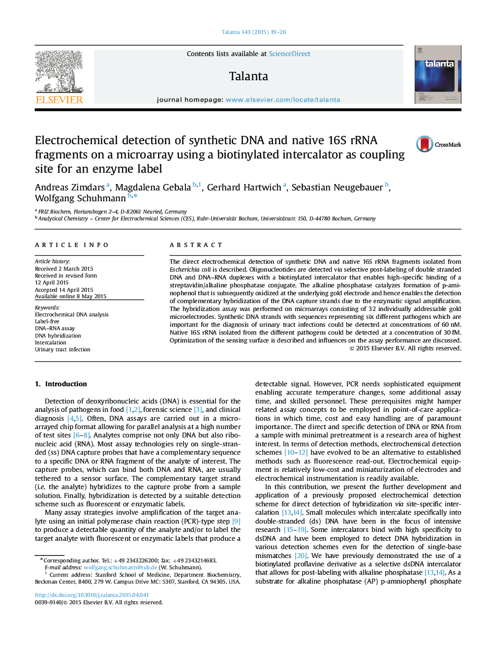 Electrochemical detection of synthetic DNA and native 16S rRNA fragments on a microarray using a biotinylated intercalator as coupling site for an enzyme label