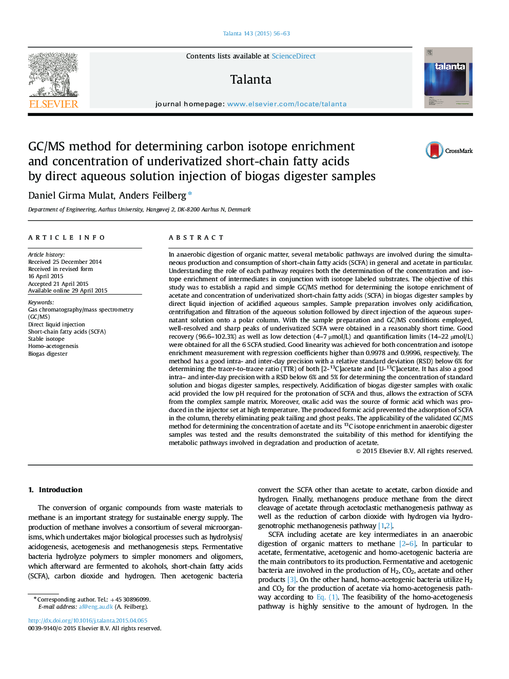 GC/MS method for determining carbon isotope enrichment and concentration of underivatized short-chain fatty acids by direct aqueous solution injection of biogas digester samples