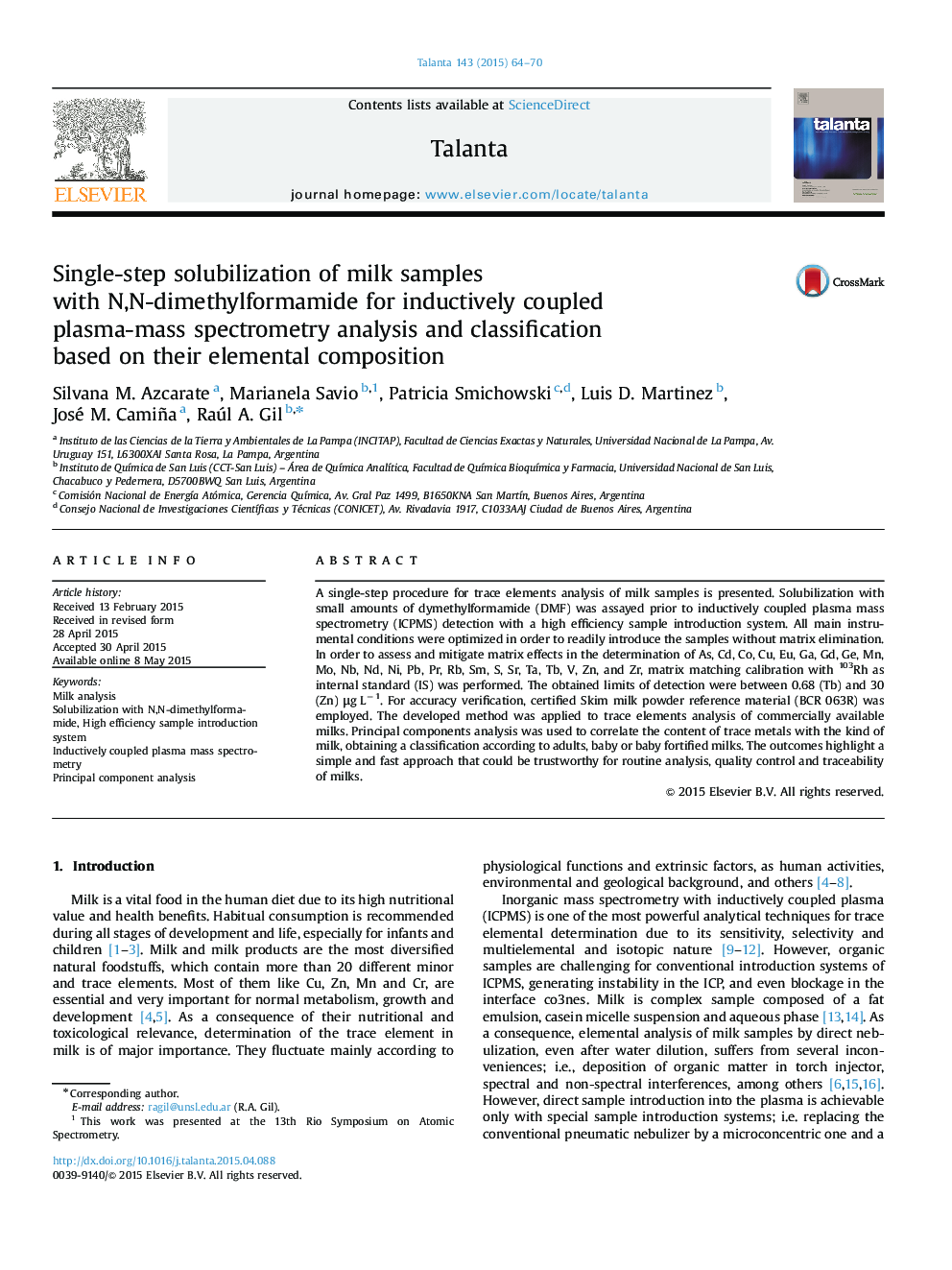 Single-step solubilization of milk samples with N,N-dimethylformamide for inductively coupled plasma-mass spectrometry analysis and classification based on their elemental composition